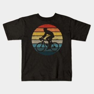 Bicyclist Silhouette On A Distressed Retro Sunset print Kids T-Shirt